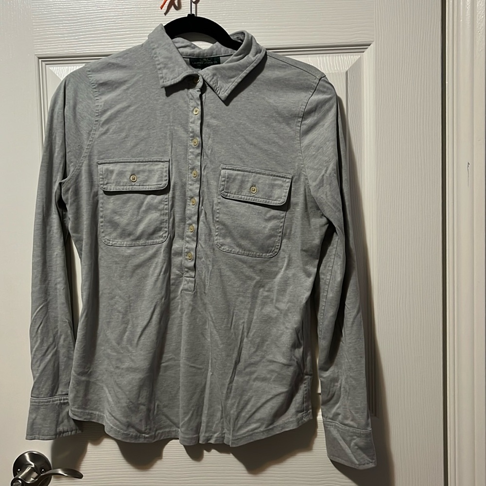 Women's Long-Sleeve Polo-Style Shirt Lauren Ralph Lauren Jeans Pockets Buttoned